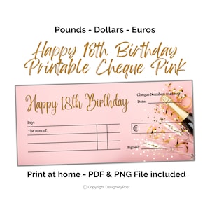 Assegno per il 18° compleanno in rosa. Modello di assegno in bianco regalo in euro, sterline e dollari. Stampa a casa il regalo di denaro. Download digitale.