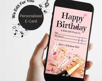 Birthday video gift cheque with audio. Digital Animated ecard in Pink. Send by email text WhatsApp. Edited for you.