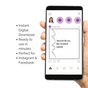 Może przedstawiać: Ekran smartfona wyświetlający post w mediach społecznościowych z purpurowo-białym wzorem. Post zawiera białą taśmę mierniczą i tekst "Dąż do bycia najlepszą wersją siebie."