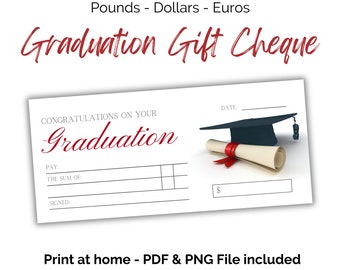 Graduation Cheque. Printable Gifting Blank check. Euros, Pounds and Dollars. Congratulations for passing exams. Print at home money present