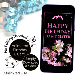 Cartão eletrônico de aniversário para irmã, animado com música, Feliz Aniversário. Cartão digital, vídeo e cartão eletrônico de felicitação para irmã. Cartão eletrônico com flores.