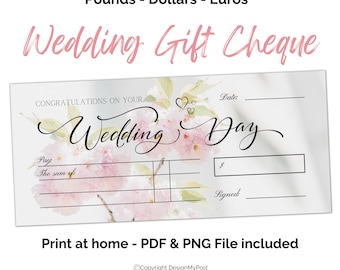 Blank Printable Cheque Gift for newly weds. Money gifting fake cheque. Print at home voucher template with pink blossom design.