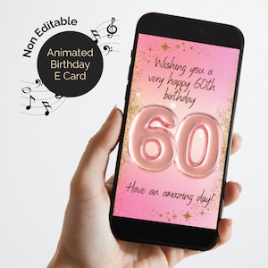 60th Pink Birthday eCard animiert mit Sound, Happy Birthday Instrumentalgesang. Digitale Video Grußkarte für den Sechziger, nicht bearbeitbar.
