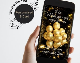 Birthday Digital Electronic Card with audio. Animated greetings in Black with Gold Balloons. Send by email text WhatsApp. Edited for you.