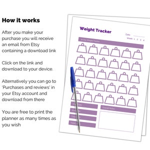 May include: A printable weight tracker with a purple scale icon design. The tracker includes space to record weight for 30 days, with sections for date, week, and overall notes.