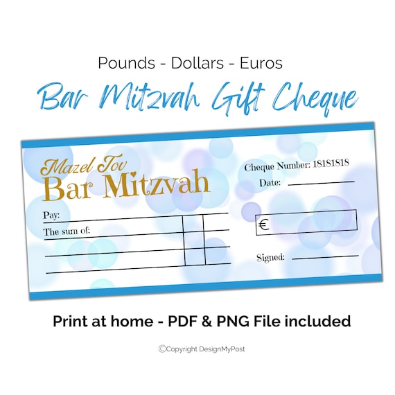 Bar Mitzvah Gift Cheque: Mazel Tov Money Present (PDF & PNG)