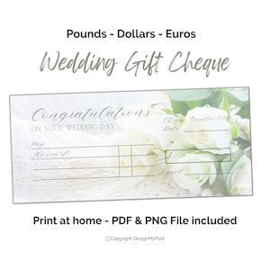 Geldgeschenk Hochzeit blanko Scheck Geldgeschenk zur Hochzeit. Print at home Gutschein Vorlage mit einem zarten weissen Rosen-Design.