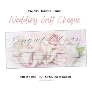 Regalo per assegno di nozze per i novelli sposi Modello stampabile per assegno falso regalo in bianco. Buono stampa a casa con rose rosa pallido.