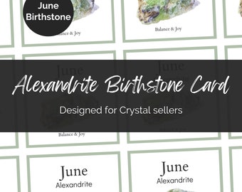 June Alexandrite Birthstone Information Card for Crystal Sellers, Jewellery makers. Printable PDF file. Packing Gemstone Info Inserts.