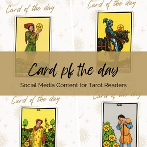 Puede incluir: Cuatro cartas de tarot con el texto "Carta del día" sobre cada carta. Las cartas son del palo de Pentáculos: Página de Pentáculos, Caballo de Pentáculos, Nueve de Pentáculos y Siete de Pentáculos.
