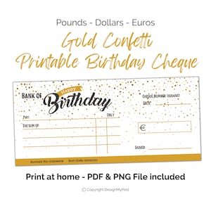 Gold Printable Geburtstagsscheck. Geschenk Check Schablone. Euro, Pfund & Dollar. Print at home Geldgeschenk. Sofortiger digitaler Download.