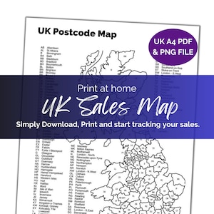 Druckbare UK Postleitzahl Karte. Etsy Verkaufstracker. A4 Druck zu Hause. Farbe in Karte. Verfolge deine Bestellungen. PDF-Datei & PNG-Datei