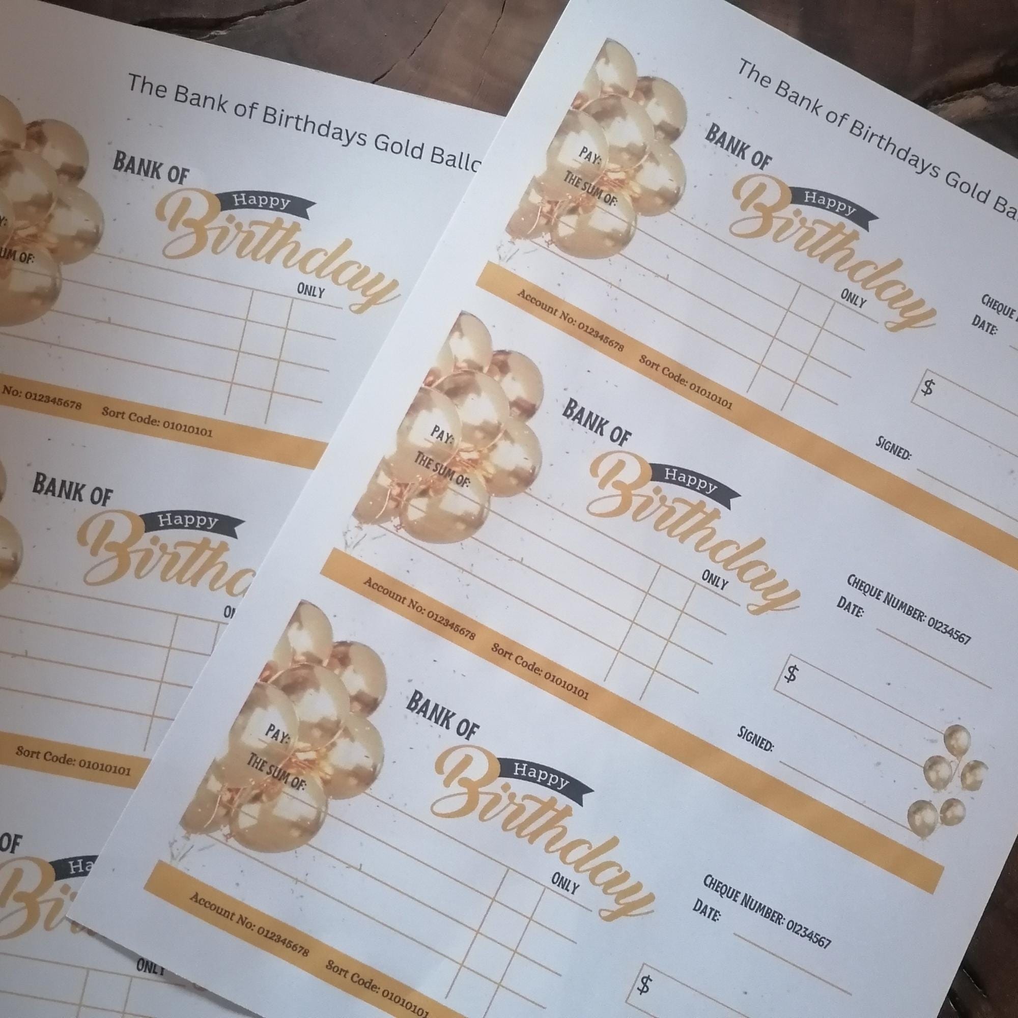 Printable Birthday Cheque. Gift Cheque Template With Gold Balloons