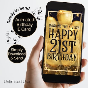 21st Geburtstag eCard animiert mit Sound Happy Birthday Melodie und Video Grußbild. Digitale e-Karte in Schwarz- und Golddesign, nicht bearbeitbar.
