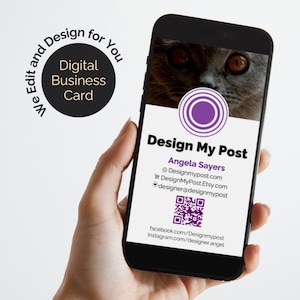 Biglietto da visita digitale. Progettato e modificato per te. Scheda di contatto con codice QR e link social. Invia tramite e-mail, testo, WhatsApp.