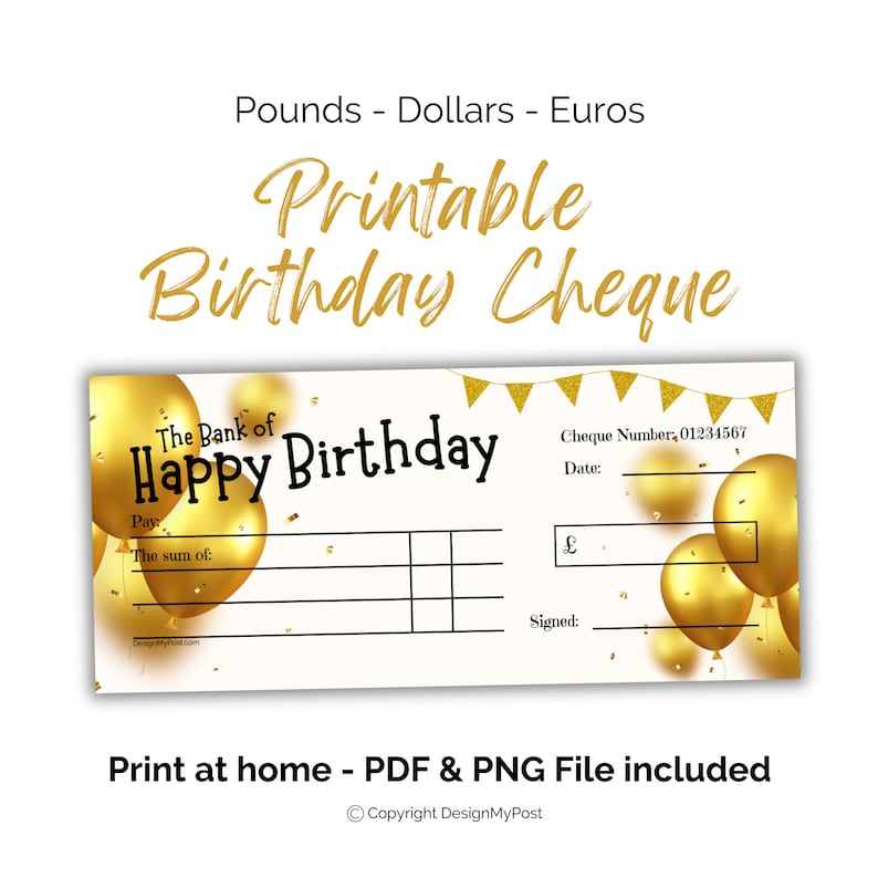 Printable Birthday Cheque With Gold Balloons. Gift Cheque Template