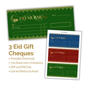 May include: Three printable Eid Mubarak gift cheques in blue, red, and green. Each cheque features a crescent moon and star design with gold accents. The text "Eid Mubarak" is written in a decorative font.