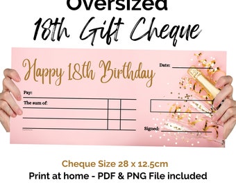 Large Cheque for 18th Birthday in pink. Gifting blank cheque template. Oversized cheque. Print at home money gift present. Digital Download.