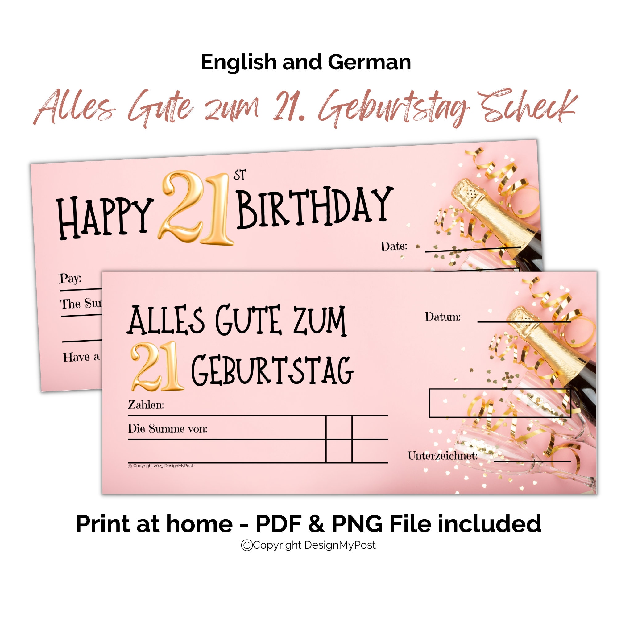 21 Scheck Zum Geburtstag, Blankoscheck Rosa. Birthday Cheque in German