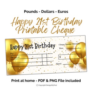 Modello di assegno in bianco falso per il 21° compleanno. In euro, sterline, dollari. Stampa a casa il regalo di denaro. Download digitale.