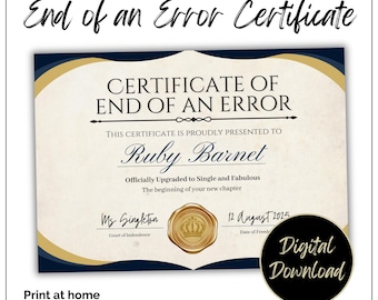 Ende eines Fehlers Scheiden Schein Urkunde, Personalisiert, Digitaler Download