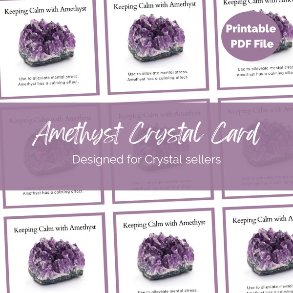 Printable Amethyst Crystal info cards for Crystal Sellers & Jewellery makers A4 UK PDF file Packing Inserts, Gemstone Properties meanings