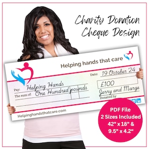 Blank Cheque for Charity Donation. Bespoke Cheque design. Personalised with logo for Fundraising. Large Custom Presentation Check.