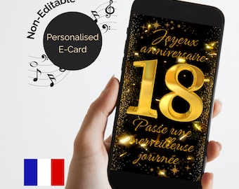 Joyeux anniversaire 18 Carte virtuelle. Digital 18th Birthday eCard in French. Animated with Happy Birthday song audio. Video Birthday card.