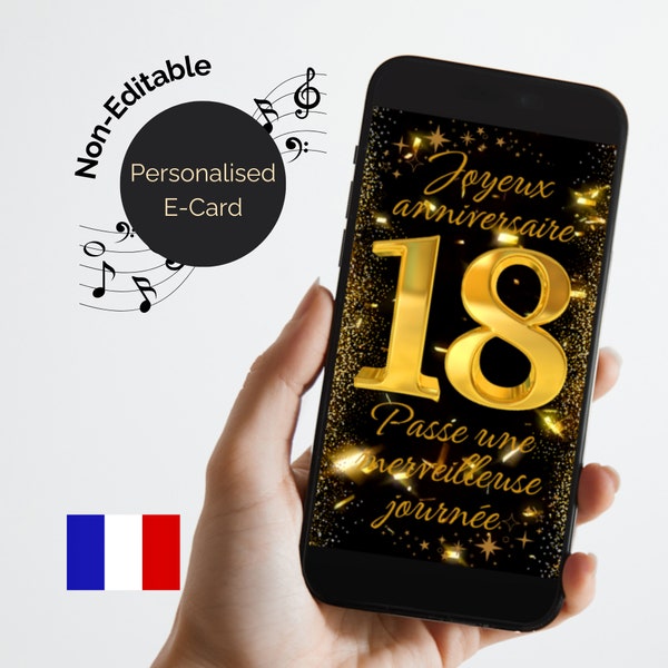 Joyeux anniversaire 18 Carte virtuelle. Digital 18th Birthday eCard in French. Animated with Happy Birthday song audio. Video Birthday card.