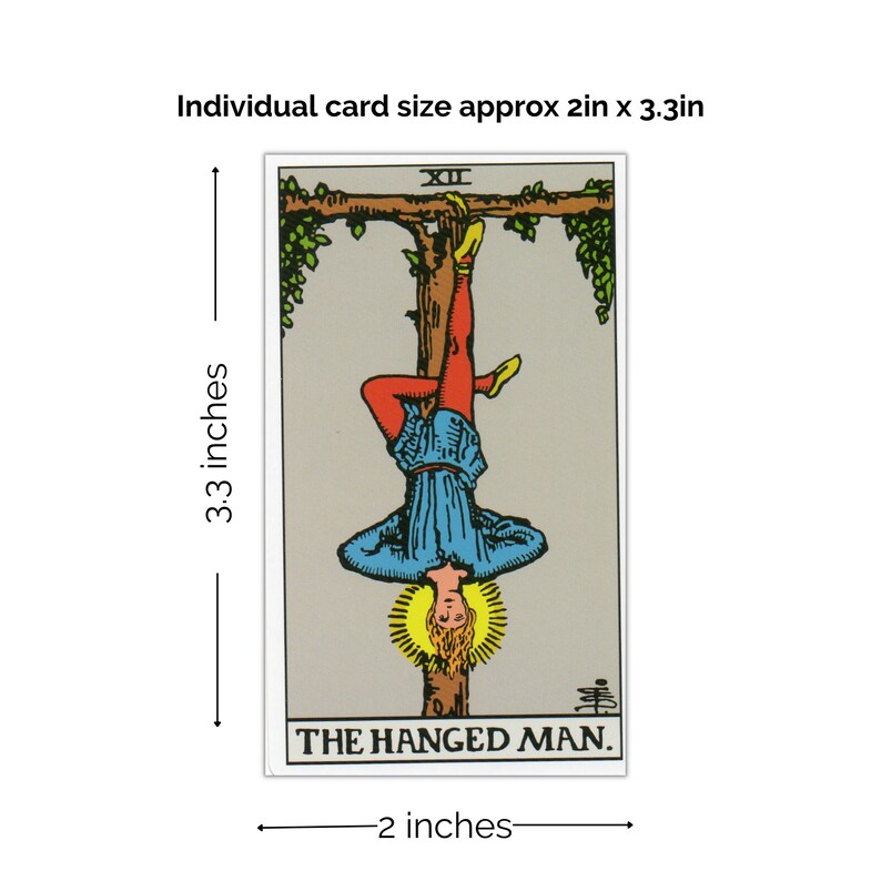 May include: The Hanged Man tarot card, a traditional design with a man hanging upside down from a tree branch. The card is 2 inches wide and 3.3 inches tall.