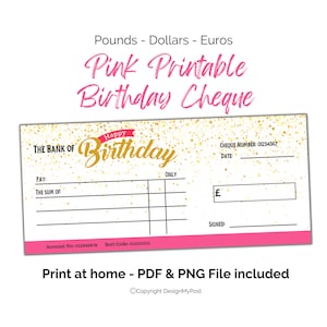 Pink Printable Birthday Cheque. Gift cheque template for girls in Euros, Pounds and Dollars. Print at home money present. Digital Download.