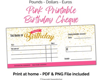 Pink Printable Birthday Cheque. Gift cheque template for girls in Euros, Pounds and Dollars. Print at home money present. Digital Download.