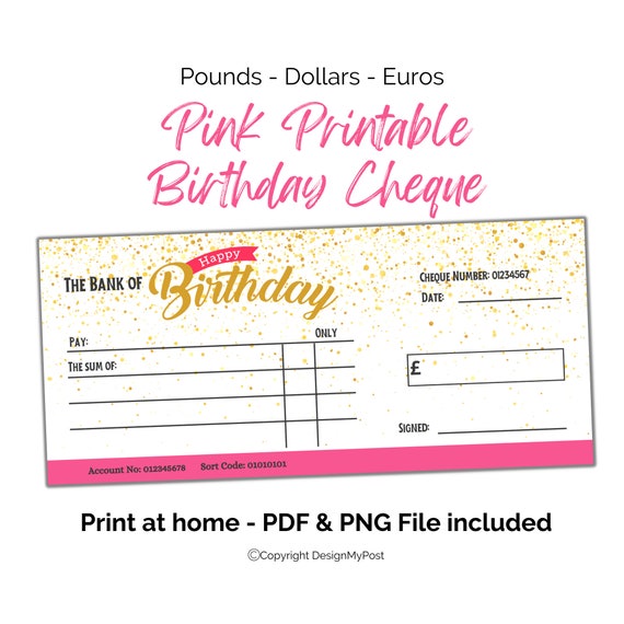 Assegno di compleanno stampabile rosa. Modello di assegno regalo