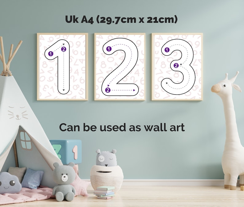 May include: Three framed posters in UK A4 (29.7cm x 21cm) size featuring the numbers 1, 2, and 3. Each number is outlined in black with purple directional circles and dashed lines indicating stroke order, set against a light background with faint numbers.