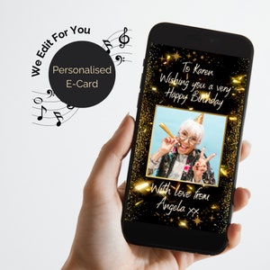Birthday E Card with photo and audio. Digital Electronic Animated greeting in Black and Gold. Send by email text WhatsApp Edited for you