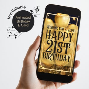 Cartão eletrônico de 21º aniversário animado com som, melodia de Feliz Aniversário e vídeo de saudação. Cartão eletrônico digital em design Preto e Dourado, Não Editável.