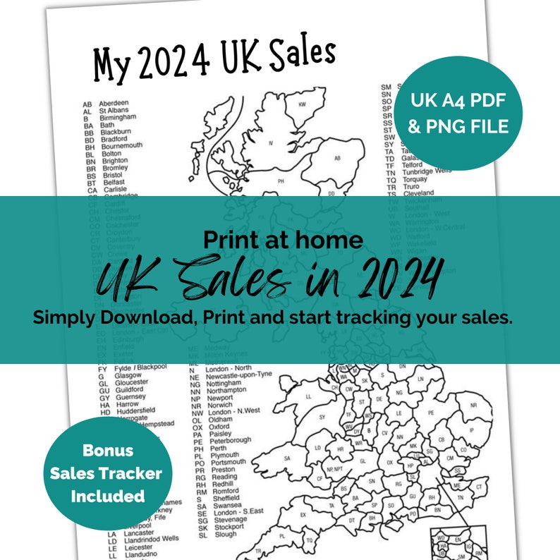 2024 UK Sales Postcode Map. Printable Etsy Sales Tracker. A4 Print at
