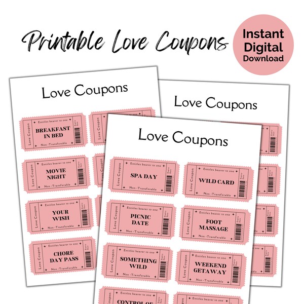 Printable Love coupons. Great novelty gift for couples. Funny gift for loved ones, PNG & PDF file, Print at home, Non-Editable.