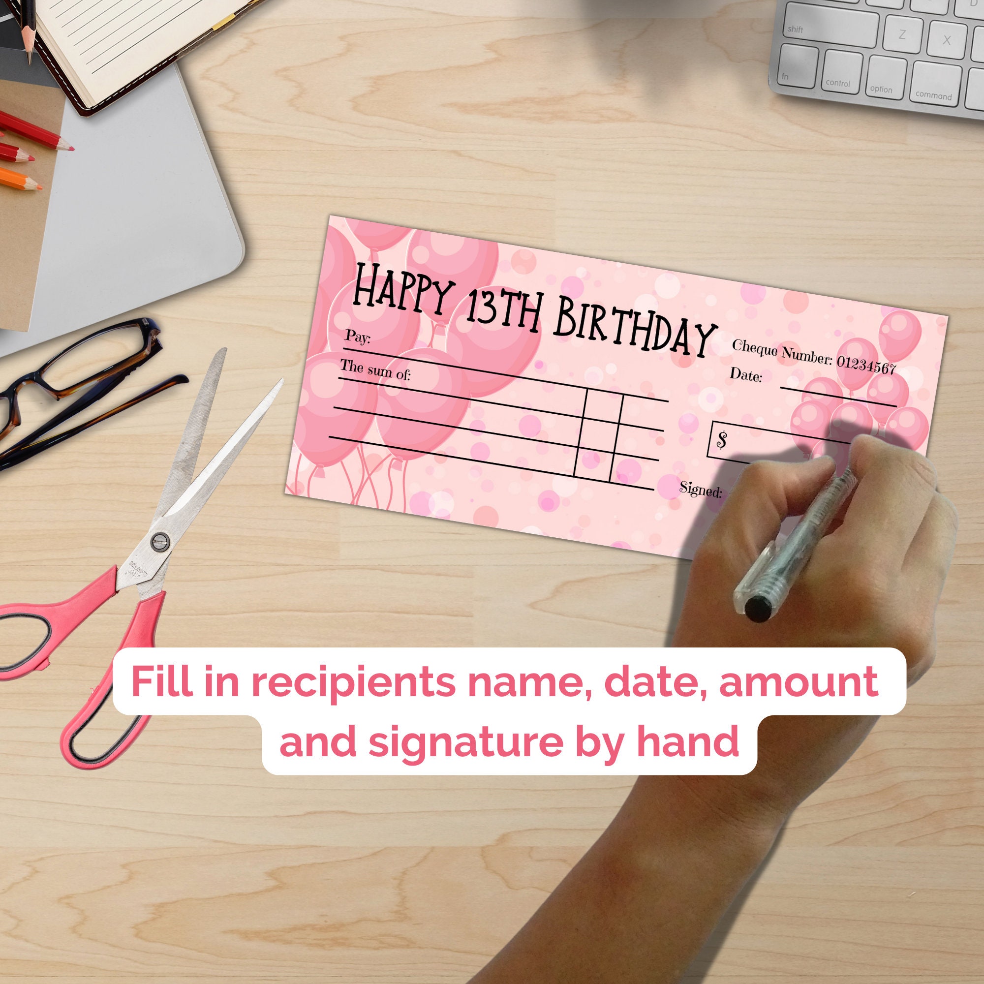 Printable 13th Birthday Cheque. Pink Blank Gifting Cheque Template ...