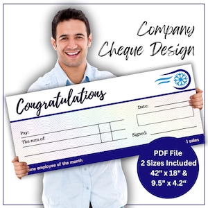 Large Company Blank Cheque. Branded Check template can be used for Employee of the month, Sales target, publicity cheque. Bespoke Design.