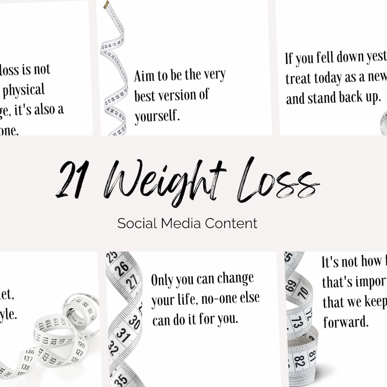 A collage of six social media images with motivational quotes about weight loss. The images feature white text on a white background and a white measuring tape. The quotes are: 'Loss is not physical ge, it's also a one.', 'Aim to be the very best version of yourself.', 'If you fell down yesterday, treat today as a new day and stand back up.', 'Only you can change your life, no-one else can do it for you.'.
