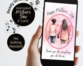 Mother's Day ecard Black Mum and Daughter watercolour animated card with soft piano music. Send by email, text, WhatsApp. Non Editable