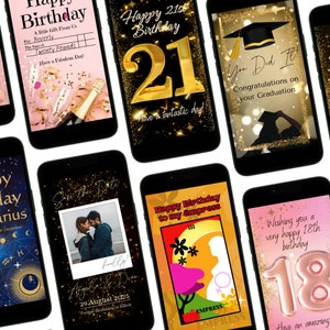 以下が含まれることがあります： さまざまなお祝いのデジタルカードを表示するスマートフォンのコレクション。誕生日、卒業、招待状などのテーマがあります。デザインには、ゴールドのアクセント、イラスト、および「Happy 21st Birthday」などのテキストが含まれています。
