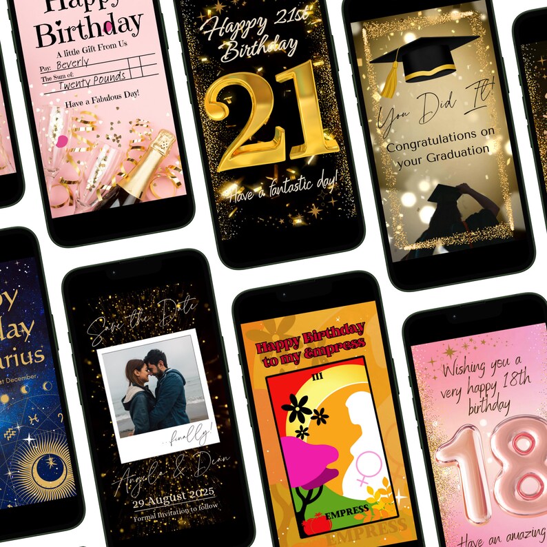 以下が含まれることがあります： さまざまなお祝いのデジタルカードを表示するスマートフォンのコレクション。誕生日、卒業、招待状などのテーマがあります。デザインには、ゴールドのアクセント、イラスト、および「Happy 21st Birthday」などのテキストが含まれています。