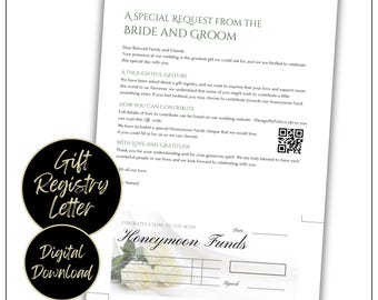 Hochzeits-Registrarbrief und Geschenkscheck, personalisierte Geldanfrage für die Hochzeitsreise