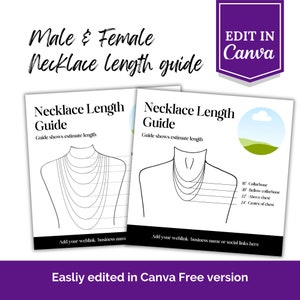 May include: Two printable guides for necklace lengths, one for men and one for women. Each guide shows a silhouette of a person with different necklace lengths marked. The guide for women includes measurements in inches for collarbone, below collarbone, above chest, and center of chest. Both guides include the text "Necklace Length Guide" and "Guide shows estimate length".