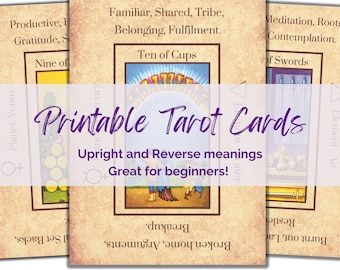 Printable Tarot Deck Flashcards with Keywords, Print at home, A4 Cheat sheets, Tarot Card Meanings, Beginners, Divination Tools, Journaling.