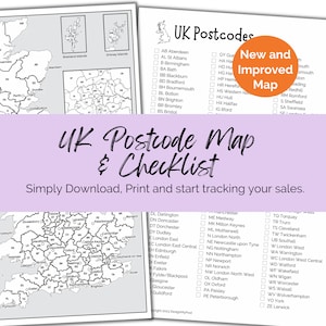UK Sales Map plus Postleitzahl Checkliste Druckbare A4-Tracker-Karte zu Hause drucken und ausmalen Toll für Etsy-Verkäufer.