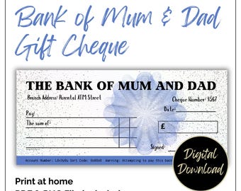 Bank von Mama und Papa Geschenk Scheck in Blau, Euro, Pfund, Dollar.
