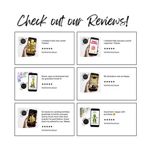 以下が含まれることがあります： Etsyショップのレビューを表示する画像です。「Check out our Reviews!」のテキストが上部にあります。画像には、誕生日カードのデザインと5つ星の評価が表示された電話がそれぞれ表示された、6つの顧客レビューのスクリーンショットが表示されています。
